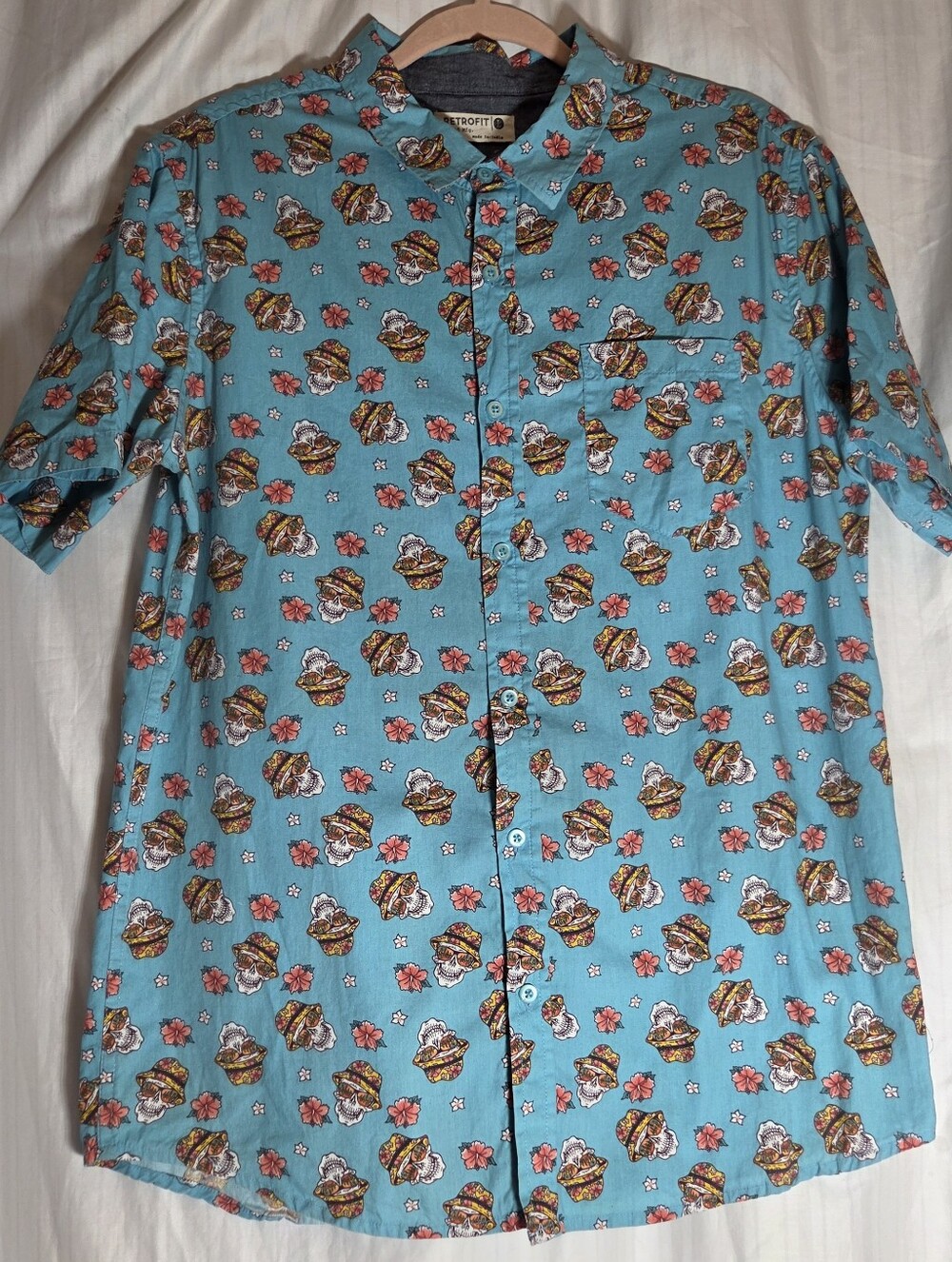RETROFIT Brand Skulls and Straw Hats Cotton Short Sleeve Shirt Tropical  L